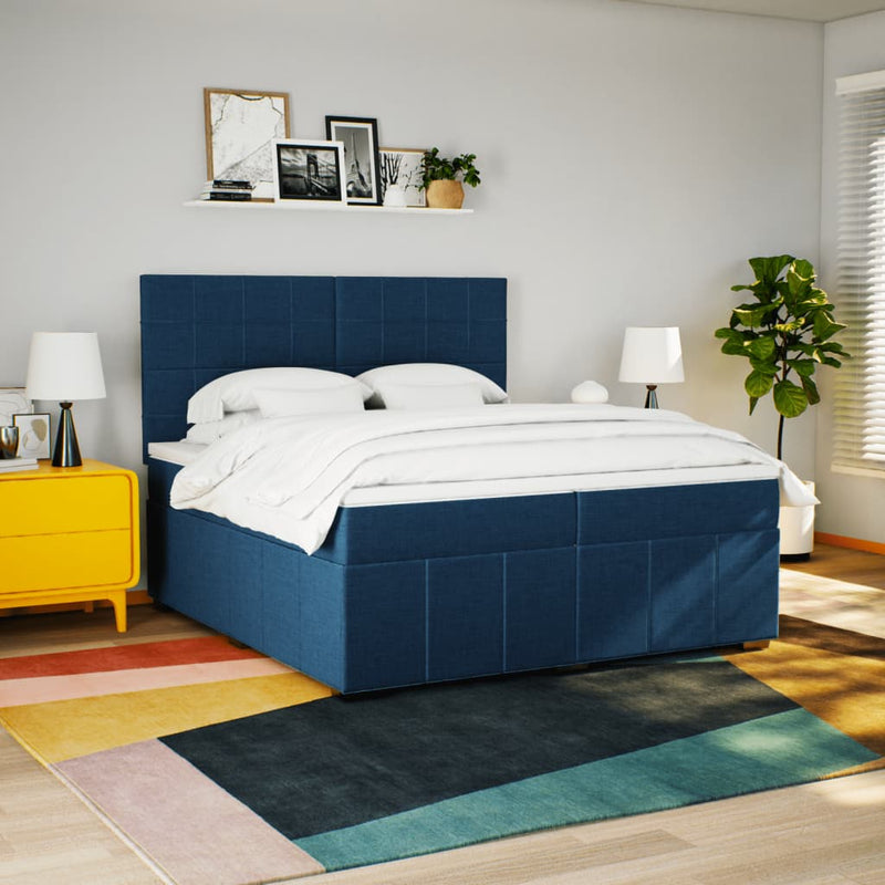 Pat box spring cu saltea, albastru, 200x200 cm, textil