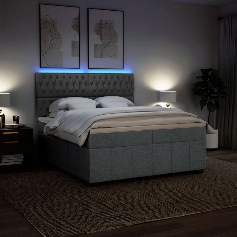 Pat box spring cu saltea, gri deschis, 200x200 cm, textil