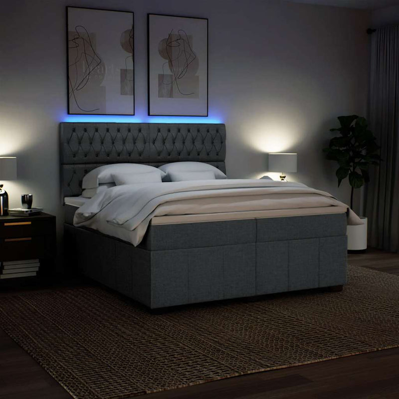 Pat box spring cu saltea, gri închis, 200x200 cm, textil