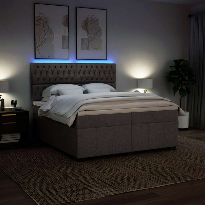 Pat box spring cu saltea, gri taupe, 200x200 cm, textil