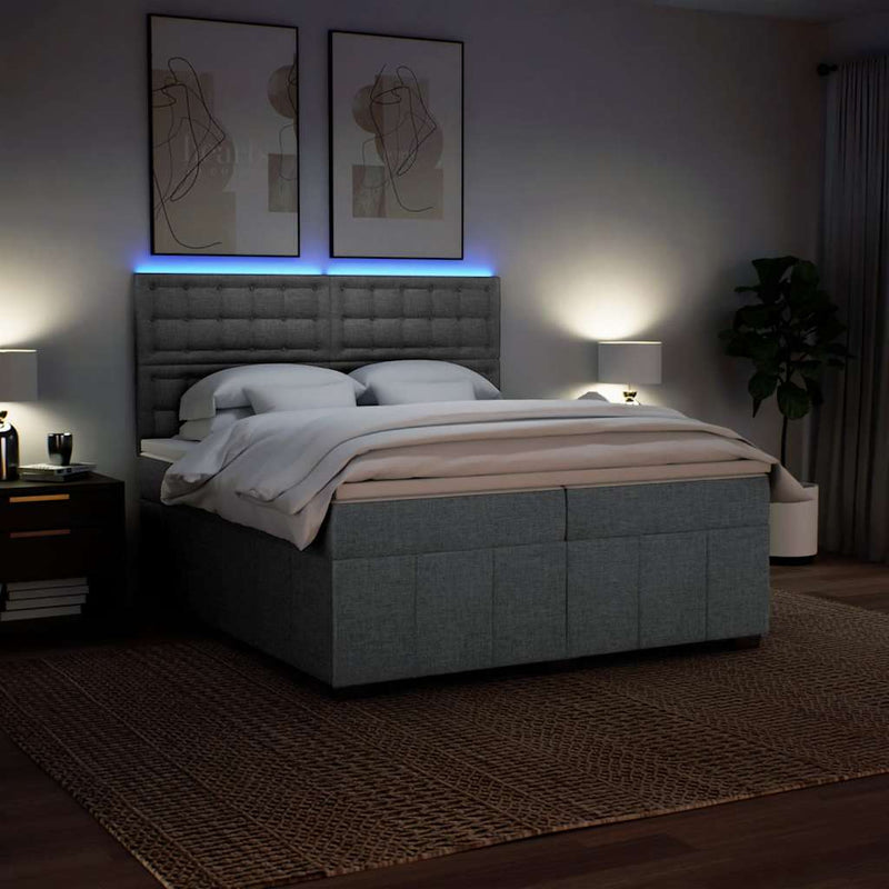 Pat box spring cu saltea, gri deschis, 200x200 cm, textil