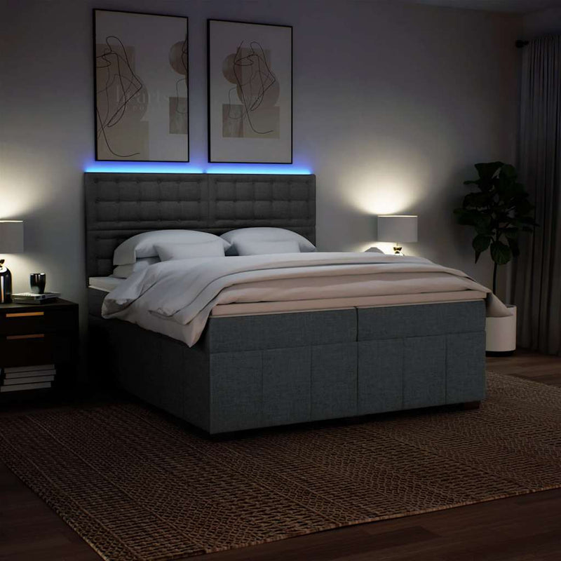 Pat box spring cu saltea, gri închis, 200x200 cm, textil