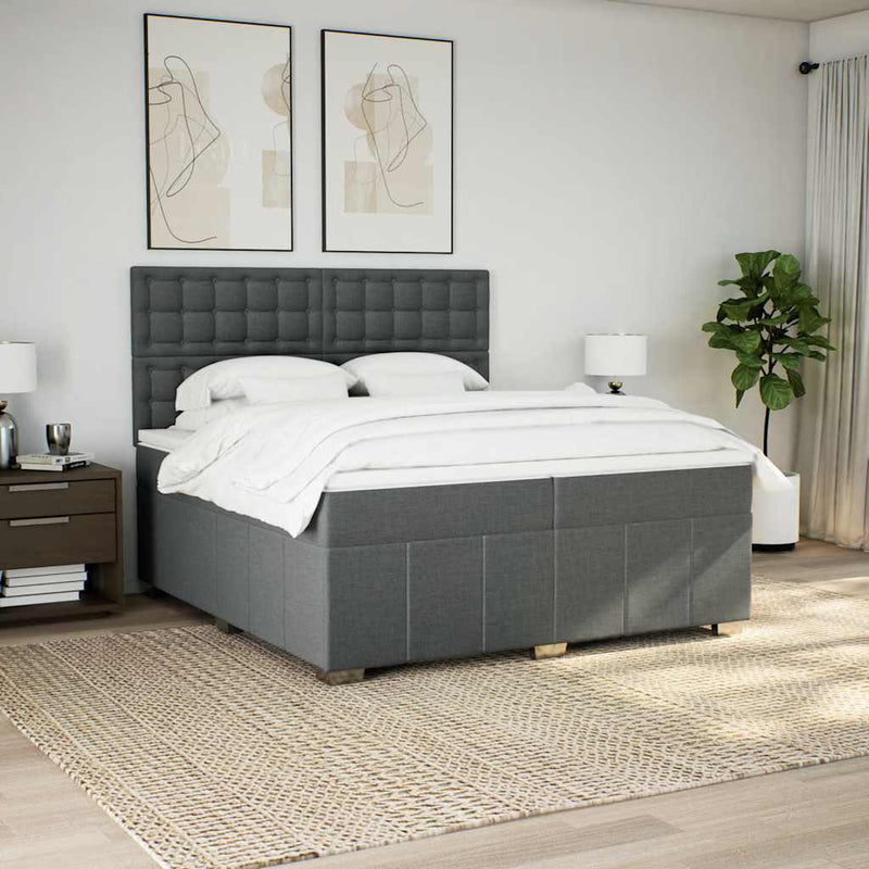 Pat box spring cu saltea, gri închis, 200x200 cm, textil