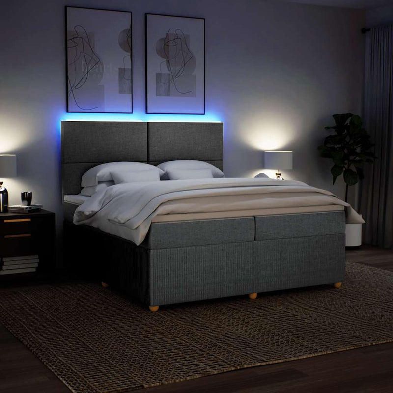 Pat box spring cu saltea, gri deschis, 200x200 cm, textil