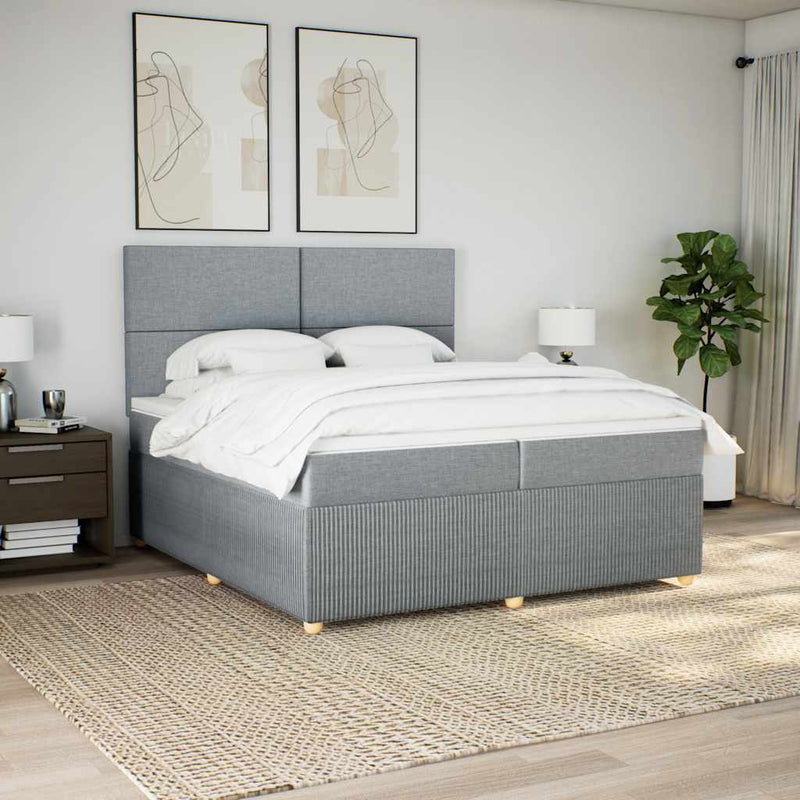 Pat box spring cu saltea, gri deschis, 200x200 cm, textil