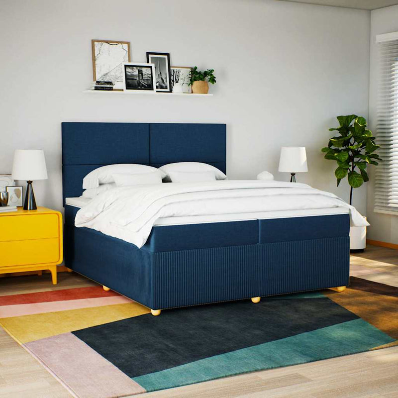 Pat box spring cu saltea, albastru, 200x200 cm, textil