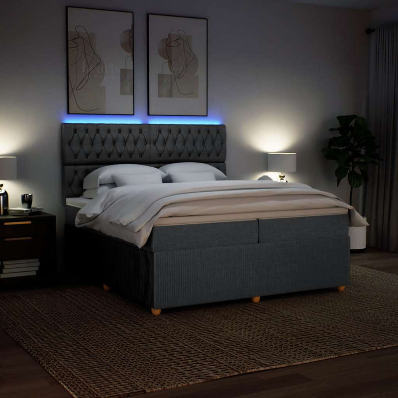 Pat box spring cu saltea, gri închis, 200x200 cm, textil