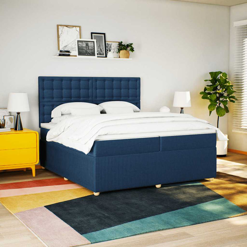 Pat box spring cu saltea, albastru, 200x200 cm, textil