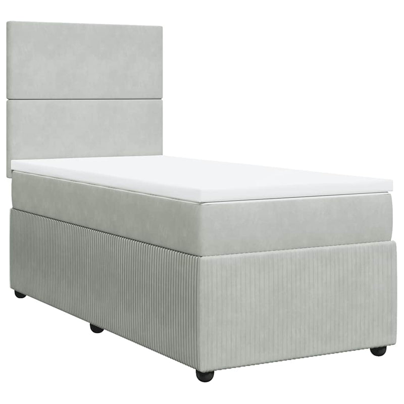 Pat box spring cu saltea, gri deschis, 90x190 cm, catifea