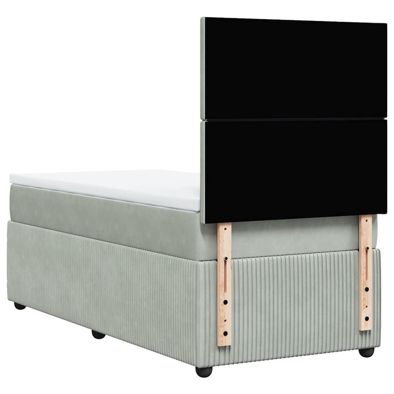 Pat box spring cu saltea, gri deschis, 90x190 cm, catifea