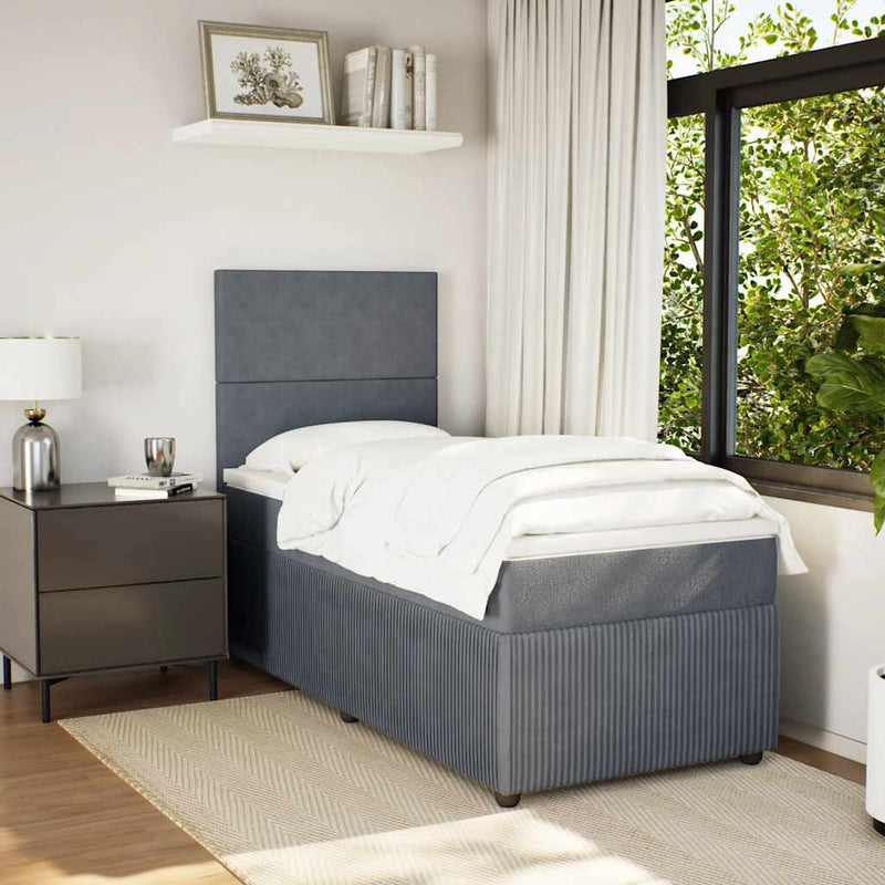 Pat box spring cu saltea, gri închis, 90x190 cm, catifea
