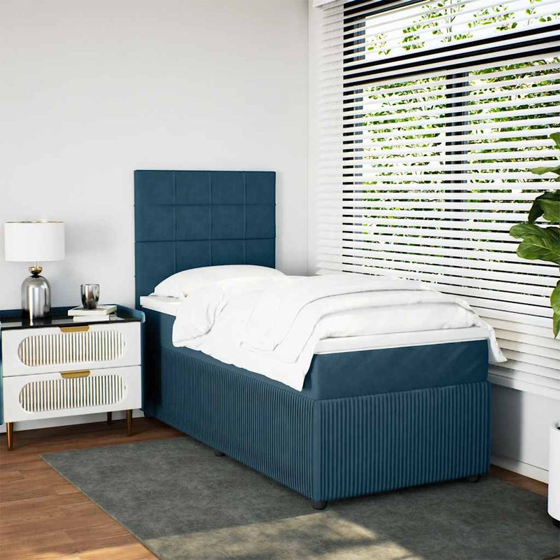 Pat box spring cu saltea, albastru, 90x190 cm, catifea