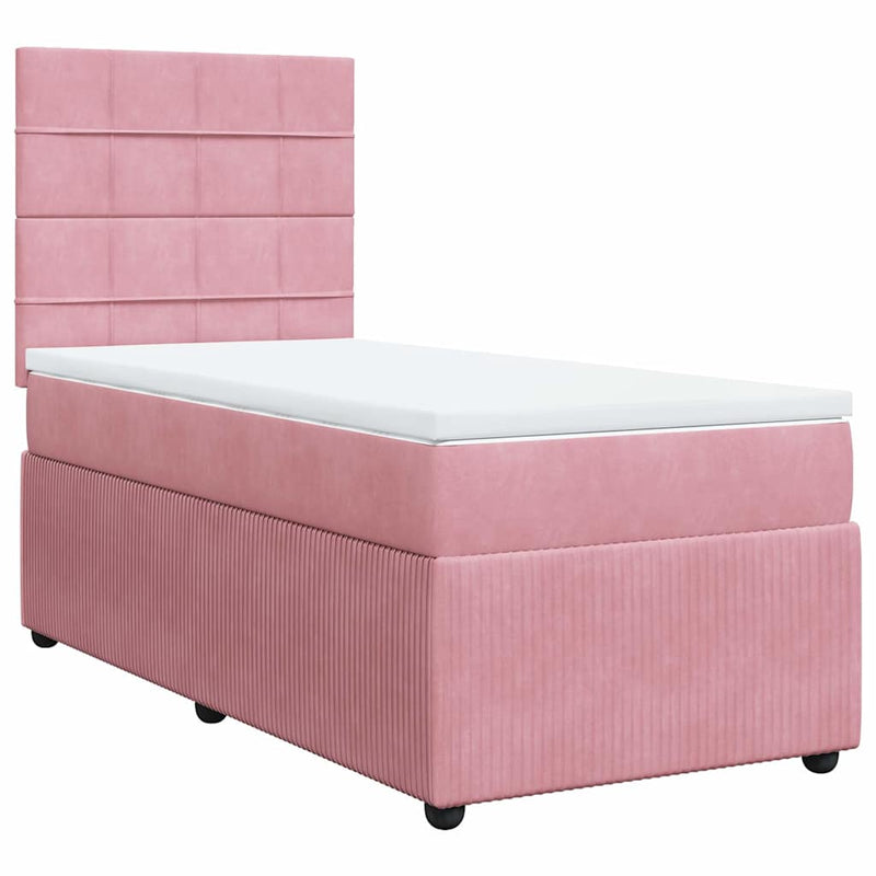 Pat box spring cu saltea, roz, 90x190 cm, catifea
