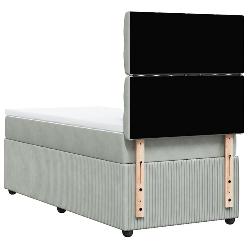 Pat box spring cu saltea, gri deschis, 90x190 cm, catifea
