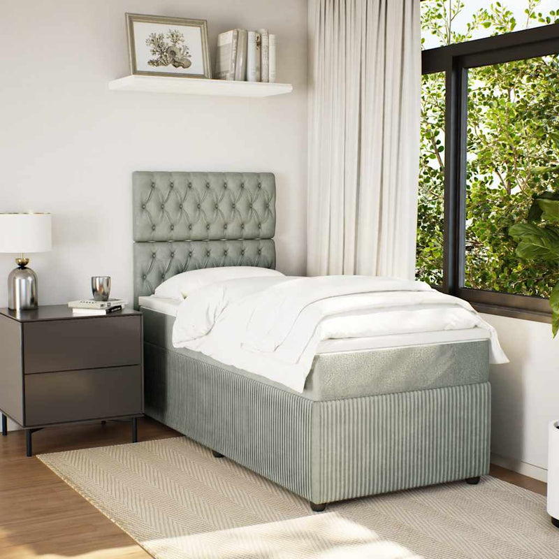 Pat box spring cu saltea, gri deschis, 90x190 cm, catifea