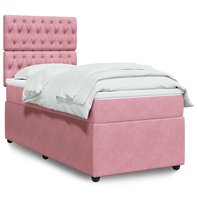 Pat box spring cu saltea, roz, 90x190 cm, catifea