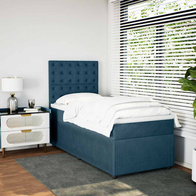 Pat box spring cu saltea, albastru, 90x190 cm, catifea