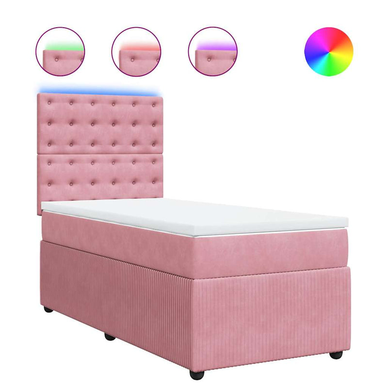 Pat box spring cu saltea, roz, 90x190 cm, catifea
