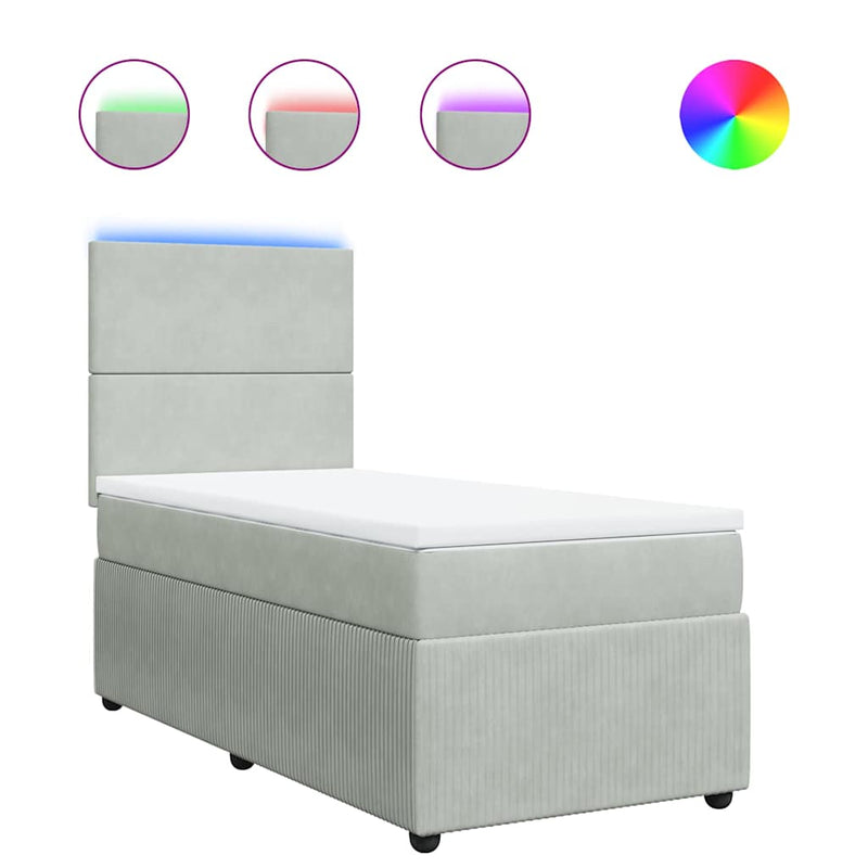 Pat box spring cu saltea, gri deschis, 90x200 cm, catifea