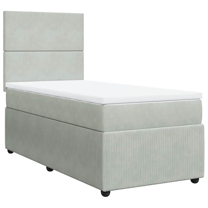 Pat box spring cu saltea, gri deschis, 90x200 cm, catifea