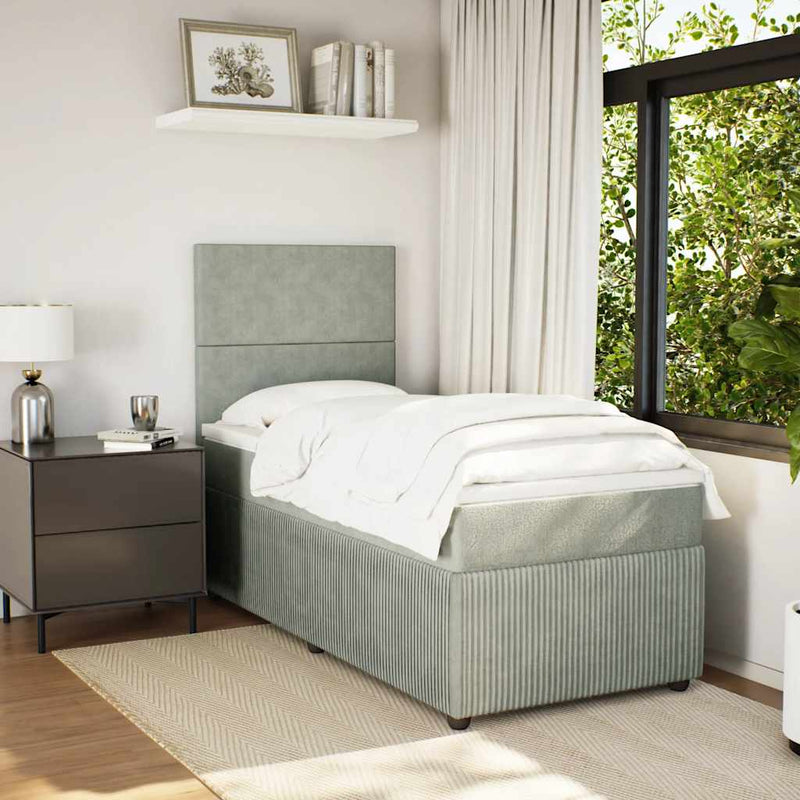 Pat box spring cu saltea, gri deschis, 90x200 cm, catifea