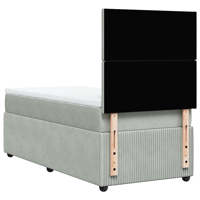 Pat box spring cu saltea, gri deschis, 90x200 cm, catifea