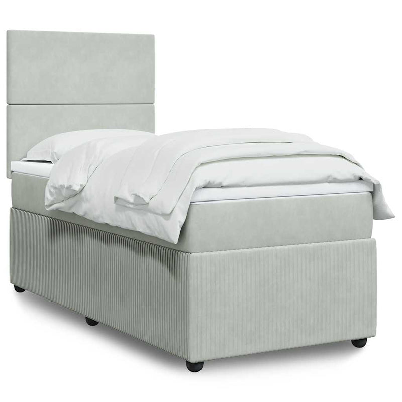 Pat box spring cu saltea, gri deschis, 90x200 cm, catifea
