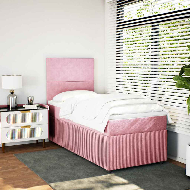 Pat box spring cu saltea, roz, 90x200 cm, catifea