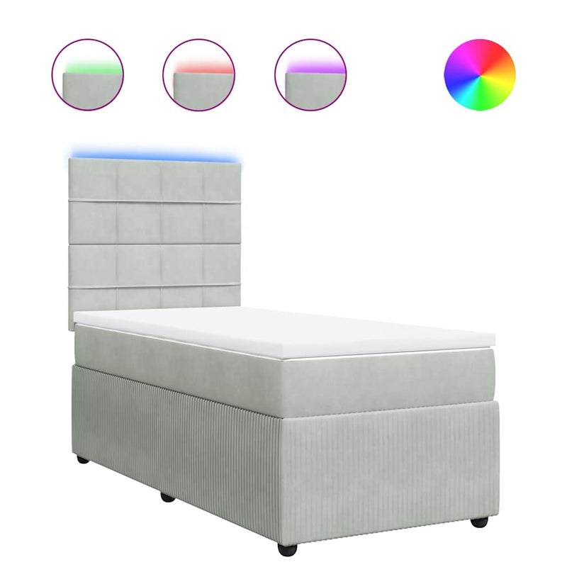 Pat box spring cu saltea, gri deschis, 90x200 cm, catifea