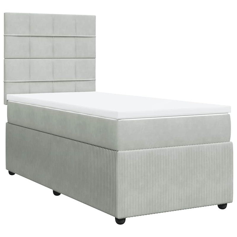 Pat box spring cu saltea, gri deschis, 90x200 cm, catifea