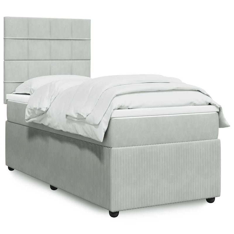 Pat box spring cu saltea, gri deschis, 90x200 cm, catifea