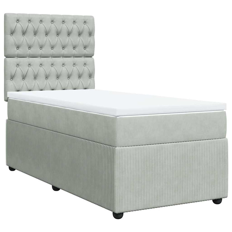 Pat box spring cu saltea, gri deschis, 90x200 cm, catifea
