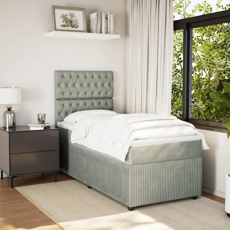 Pat box spring cu saltea, gri deschis, 90x200 cm, catifea