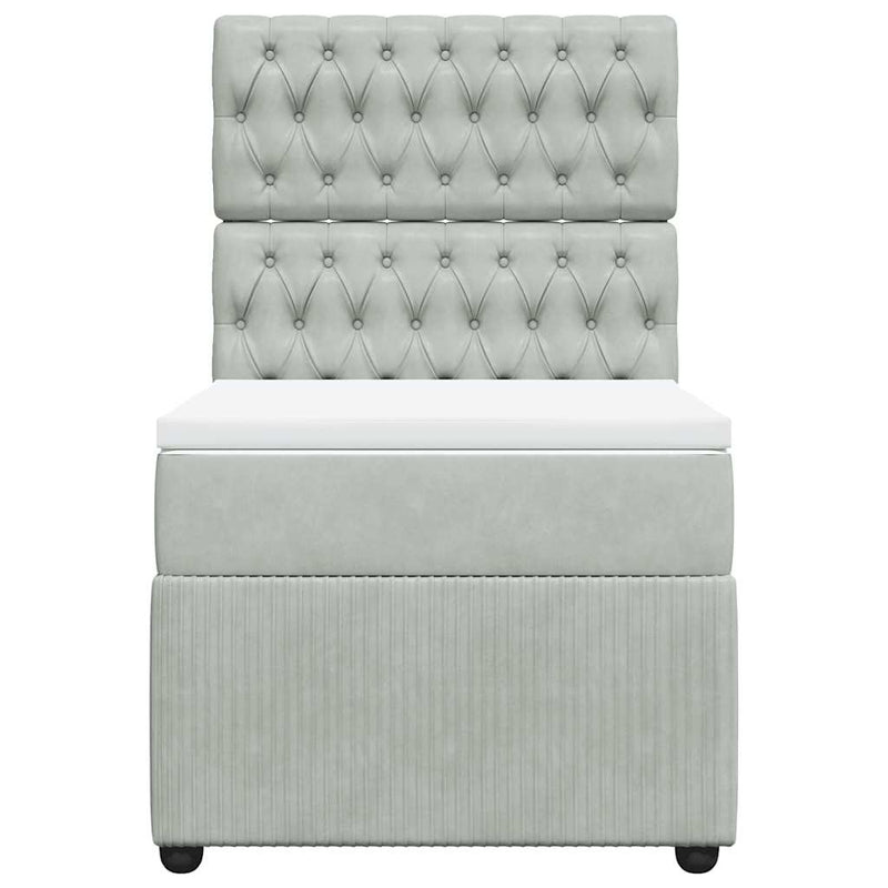 Pat box spring cu saltea, gri deschis, 90x200 cm, catifea