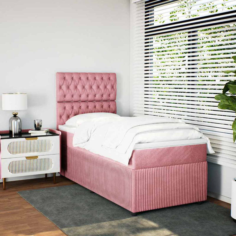 Pat box spring cu saltea, roz, 90x200 cm, catifea