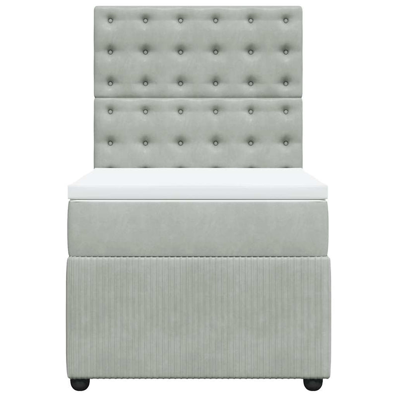Pat box spring cu saltea, gri deschis, 90x200 cm, catifea