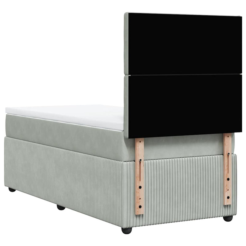 Pat box spring cu saltea, gri deschis, 90x200 cm, catifea