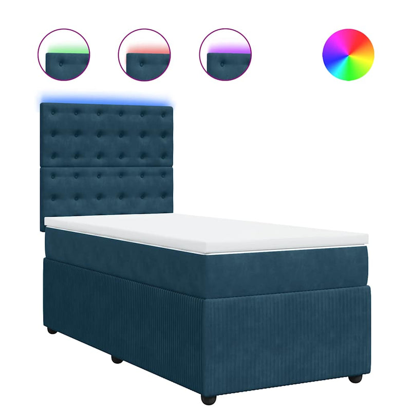 Pat box spring cu saltea, albastru, 90x200 cm, catifea