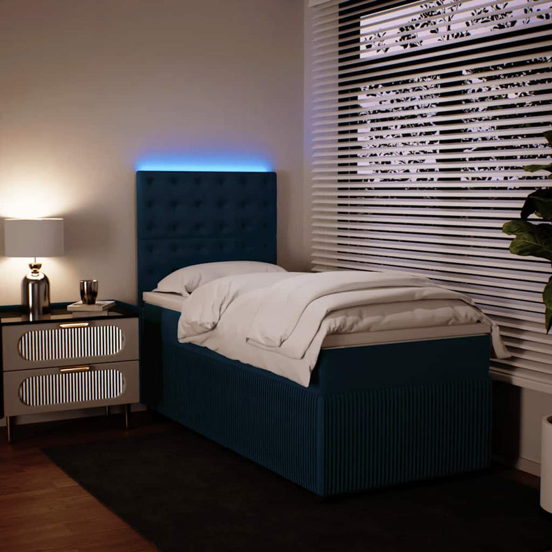 Pat box spring cu saltea, albastru, 90x200 cm, catifea