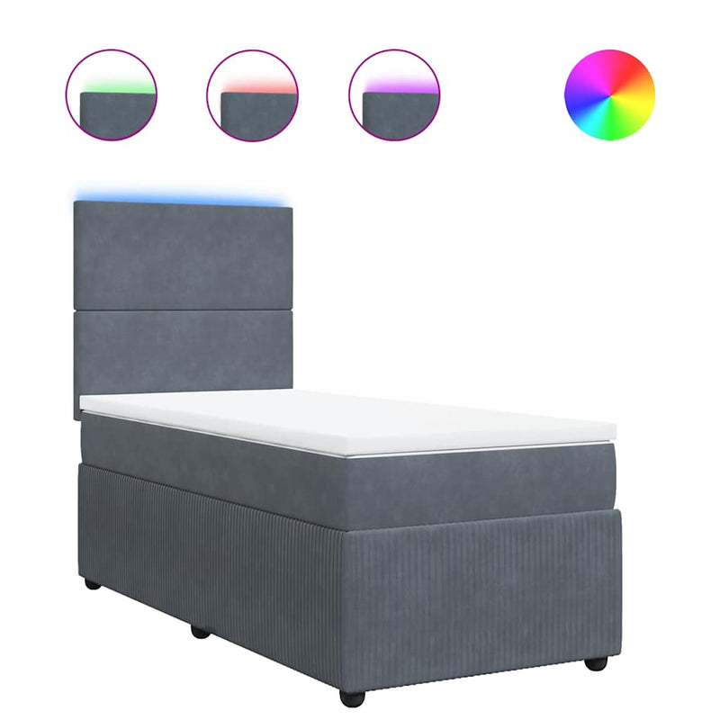 Pat box spring cu saltea, gri închis, 100x200 cm, catifea