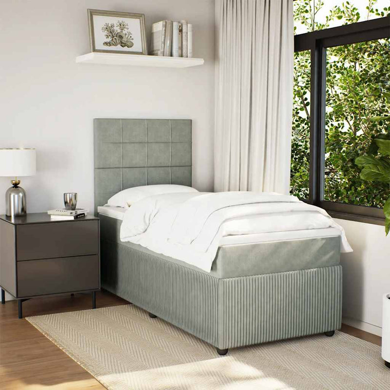 Pat box spring cu saltea, gri deschis, 100x200 cm, catifea