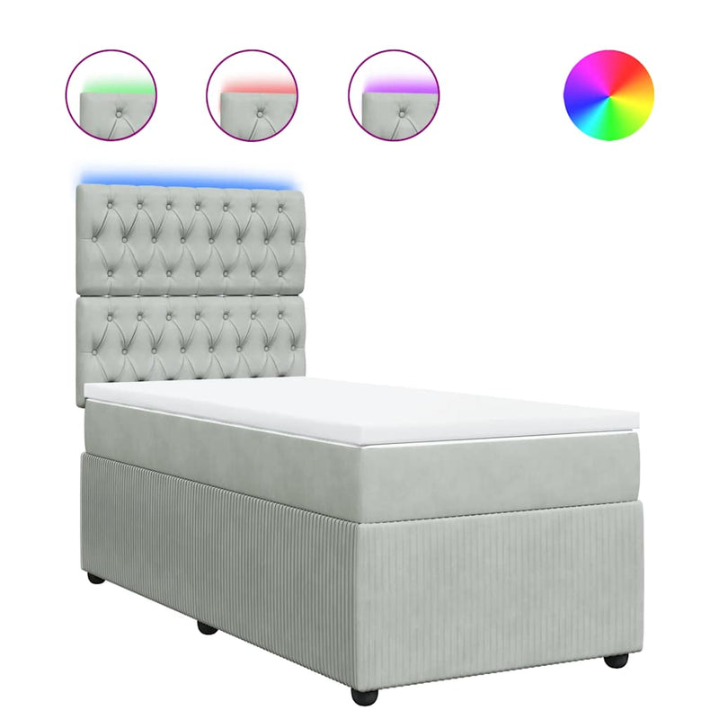 Pat box spring cu saltea, gri deschis, 100x200 cm, catifea