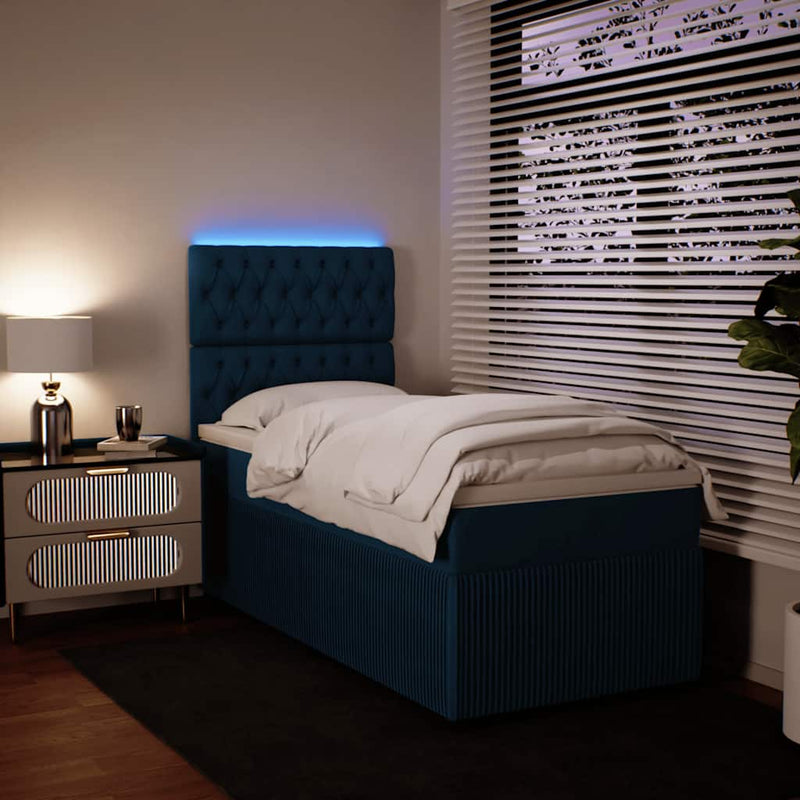 Pat box spring cu saltea, albastru, 100x200 cm, catifea