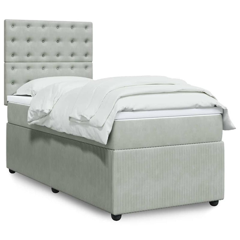 Pat box spring cu saltea, gri deschis, 100x200 cm, catifea