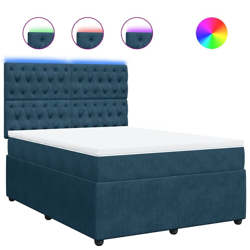 Pat box spring cu saltea, albastru, 140x190 cm, catifea