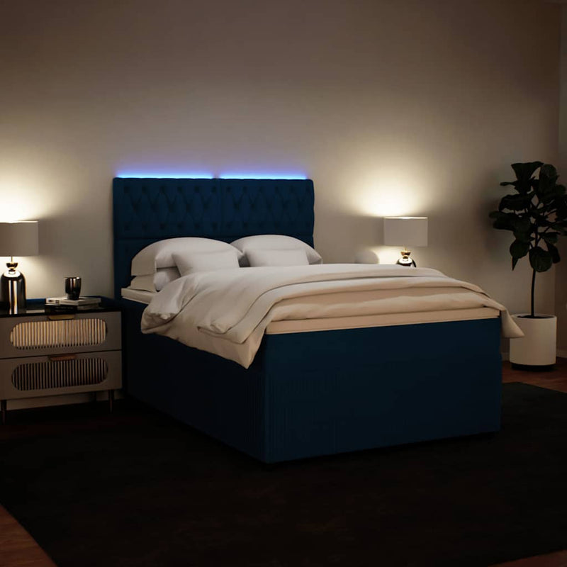 Pat box spring cu saltea, albastru, 140x190 cm, catifea