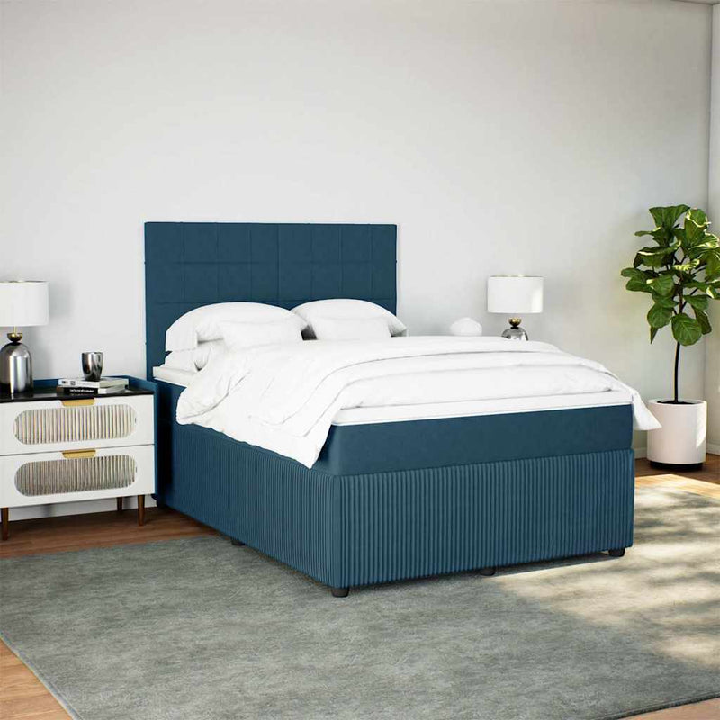 Pat box spring cu saltea, albastru, 140x200 cm, catifea