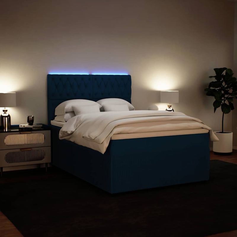 Pat box spring cu saltea, albastru, 140x200 cm, catifea