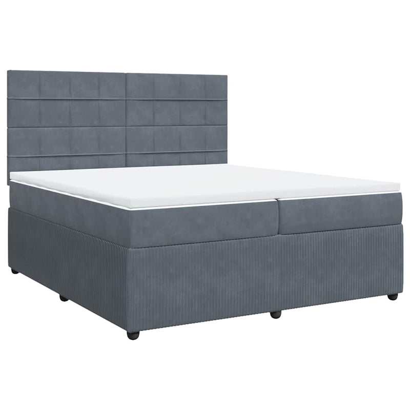 Pat box spring cu saltea, gri închis, 200x200 cm, catifea