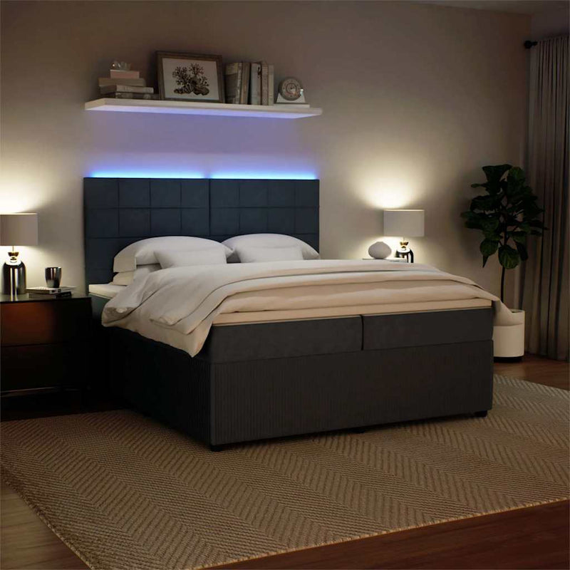 Pat box spring cu saltea, gri închis, 200x200 cm, catifea